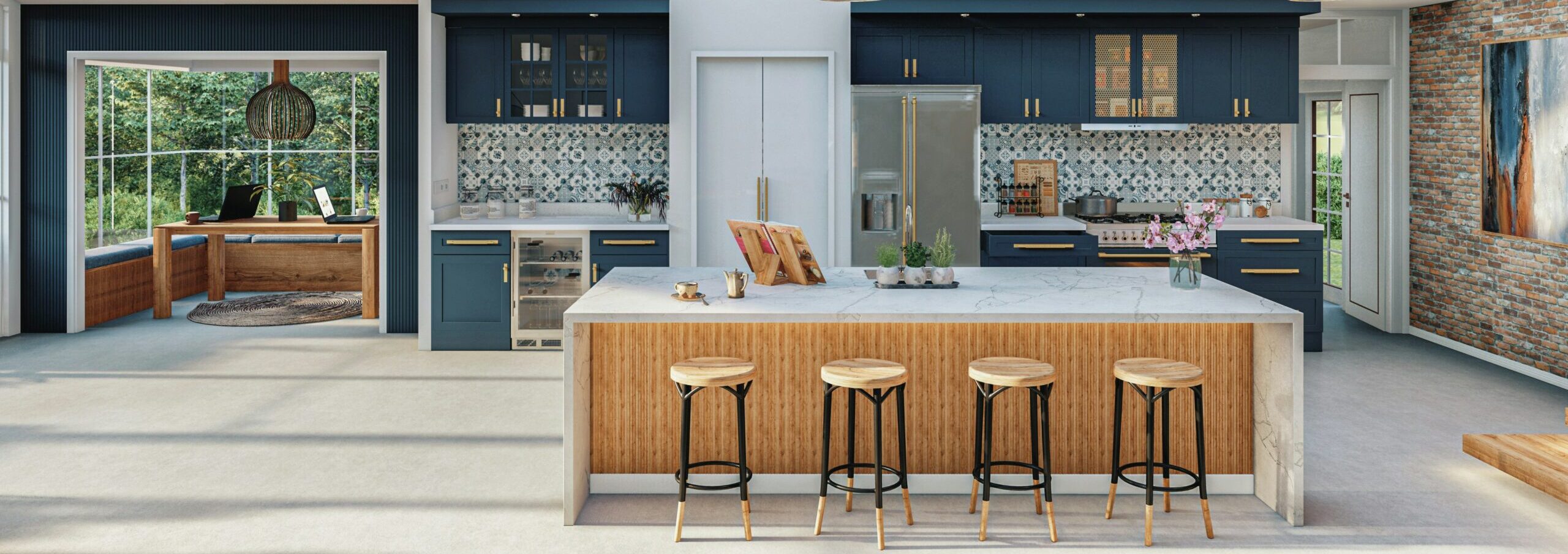 A large kitchen with a center island surrounded by stools